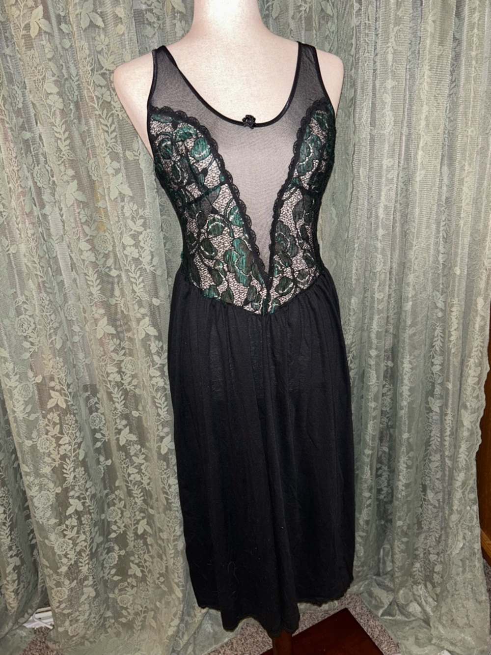 Vintage Gold Label Victoria’s Secret Slip Dress with Green Lace Insets